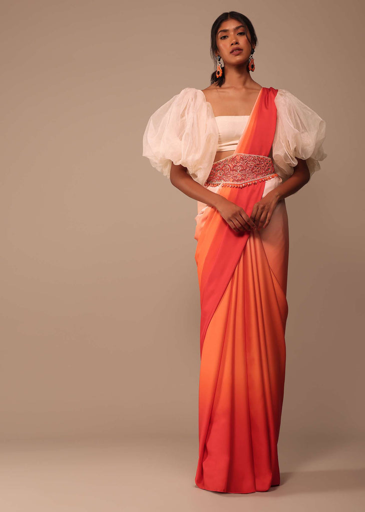 Ombre Orange Satin Saree With Hand Embroidered Belt