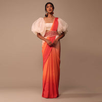 Ombre Orange Satin Saree With Hand Embroidered Belt