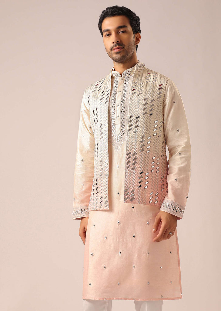 Ombre Peach Silk Bundi And Kurta Set with Mirror Work