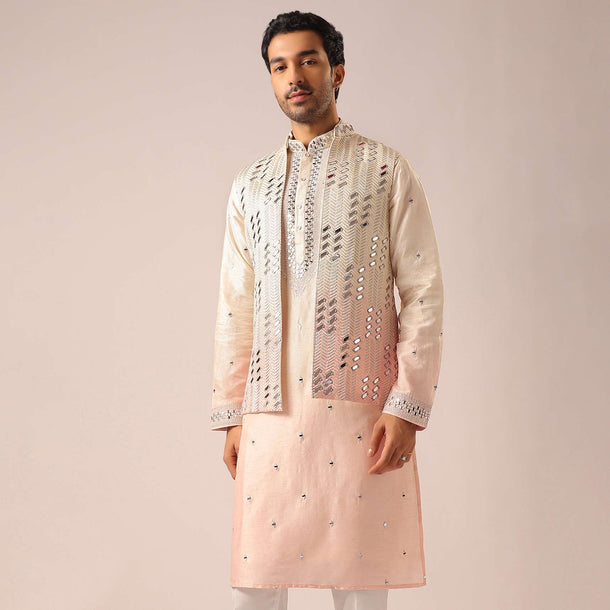 Ombre Peach Silk Bundi And Kurta Set with Mirror Work