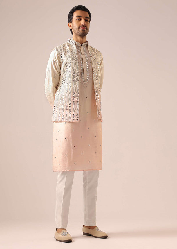Ombre Peach Silk Bundi And Kurta Set with Mirror Work