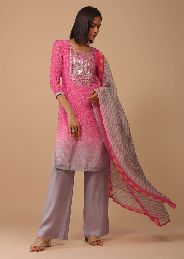 Rose Pink Carnation Embroidered Bandhani Printed Cotton Palazzo Suit With Leheriya Dupatta