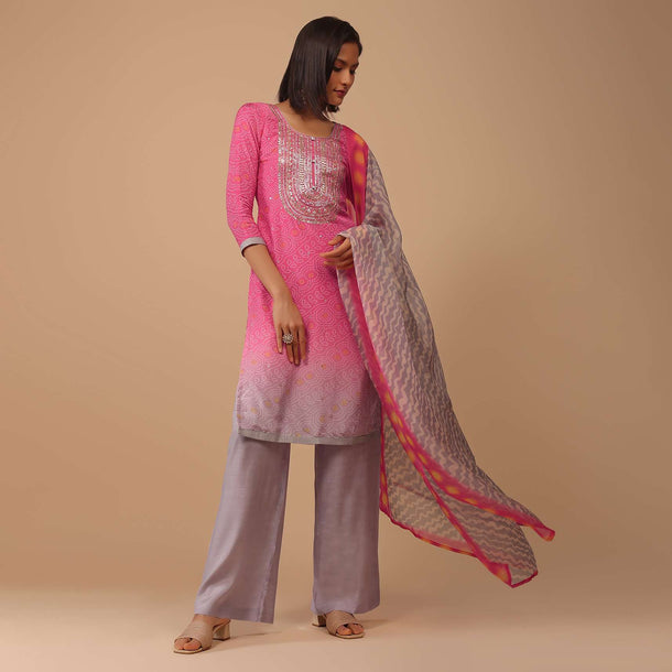 Rose Pink Carnation Embroidered Bandhani Printed Cotton Palazzo Suit With Leheriya Dupatta