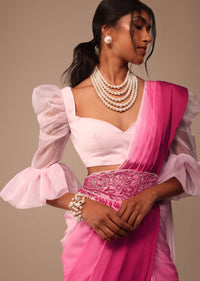 Ombre Pink Satin Saree With Hand Embroidered Belt