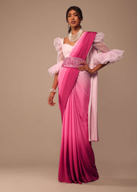 Ombre Pink Satin Saree With Hand Embroidered Belt