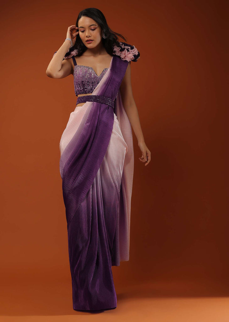 Ombre Ready-Pleated Saree And A Blouse With One Ruffled Shoulder On The Top