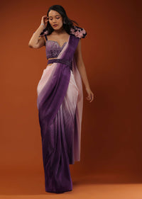 Ombre Ready-Pleated Saree And A Blouse With One Ruffled Shoulder On The Top