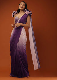 Ombre Ready-Pleated Saree And A Blouse With One Ruffled Shoulder On The Top