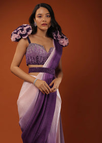 Ombre Ready-Pleated Saree And A Blouse With One Ruffled Shoulder On The Top