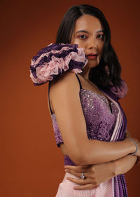 Ombre Ready-Pleated Saree And A Blouse With One Ruffled Shoulder On The Top