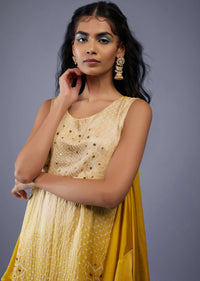 Ombre Shaded Beige White And Cyber Yellow Bandhani Tunic Top In Gajji Silk With Printed Silk Cowl Dhoti