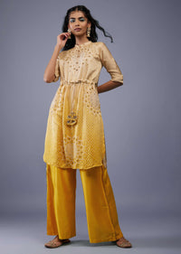 Ombre Shaded Champagne Brown And Cyber Yellow Gajji Silk Bandhani Top With Cotton Silk Palazzo