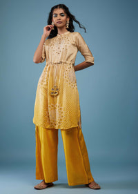 Ombre Shaded Champagne Brown And Cyber Yellow Gajji Silk Bandhani Top With Cotton Silk Palazzo