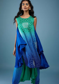 Ombre Shaded Indigo And Mint Blue Bandhani Tunic Top In Gajji Silk With Printed Silk Cowl Dhoti