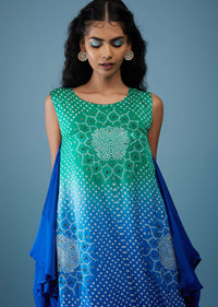 Ombre Shaded Indigo And Mint Blue Bandhani Tunic Top In Gajji Silk With Printed Silk Cowl Dhoti