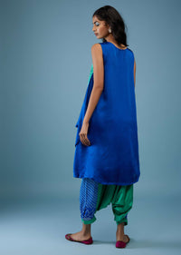 Ombre Shaded Indigo And Mint Blue Bandhani Tunic Top In Gajji Silk With Printed Silk Cowl Dhoti