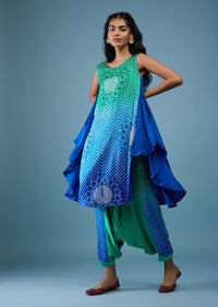 Ombre Shaded Indigo And Mint Blue Bandhani Tunic Top In Gajji Silk With Printed Silk Cowl Dhoti