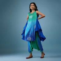 Ombre Shaded Indigo And Mint Blue Bandhani Tunic Top In Gajji Silk With Printed Silk Cowl Dhoti
