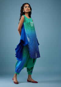 Ombre Shaded Indigo And Mint Blue Bandhani Tunic Top In Gajji Silk With Printed Silk Cowl Dhoti