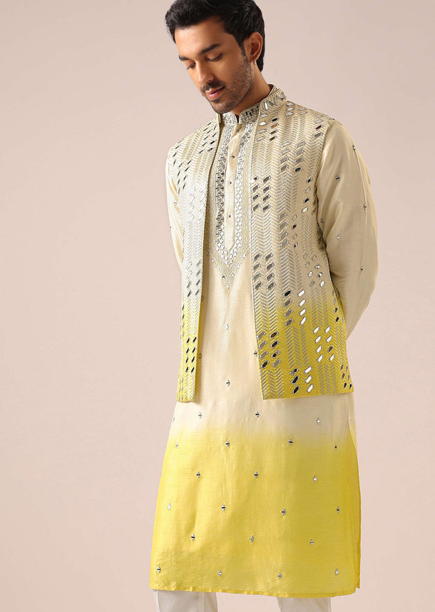 Ombre Yellow Jacket And Kurta Set with Mirror Work