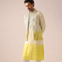 Ombre Yellow Jacket And Kurta Set with Mirror Work