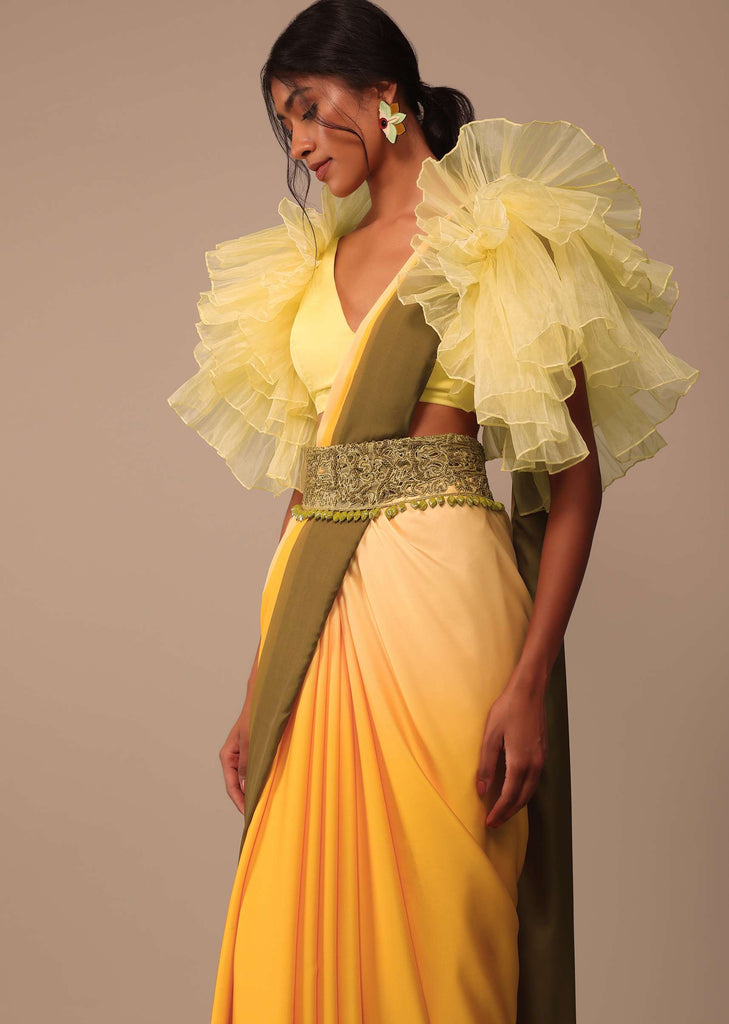 Ombre Yellow Satin Saree With Cut Work Belt