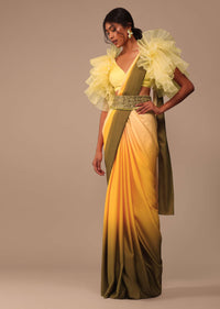 Ombre Yellow Satin Saree With Cut Work Belt