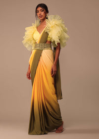 Ombre Yellow Satin Saree With Cut Work Belt