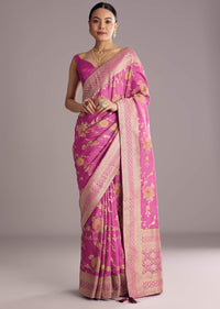 Onion Pink Dola Silk Saree With Multicolor Floral Jaal Weave