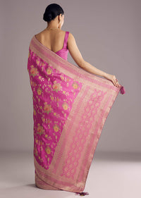 Onion Pink Dola Silk Saree With Multicolor Floral Jaal Weave