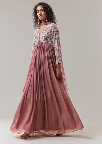 Onion Pink Embroidered Anarkali with Dupatta