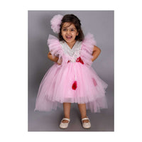 Onion Pink Princess Dress In Net With High Low Hemline And 3D Flowers Along With Fur Online - Kalki Fashion