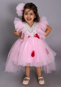 Onion Pink Princess Dress In Net With High Low Hemline And 3D Flowers Along With Fur Online - Kalki Fashion