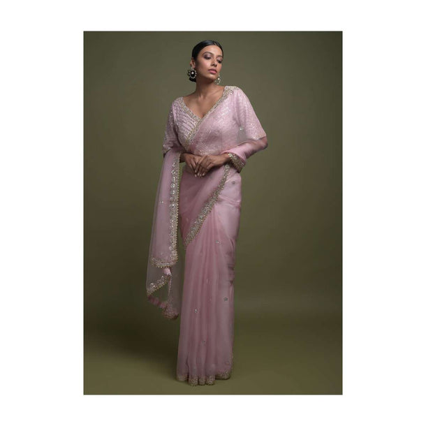 Onion Pink Saree In Organza With Mirror Work On The Border And Floral Buttis Online - Kalki Fashion