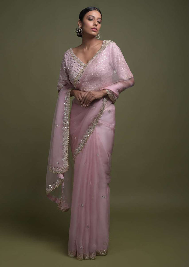 Onion Pink Saree In Organza With Mirror Work On The Border And Floral Buttis Online - Kalki Fashion