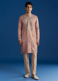 Onion Pink Tissue Kurta Set With Embroidered Yoke