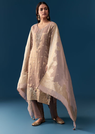 Onion Pink Tissue Kurta Set With Zardosi Detail