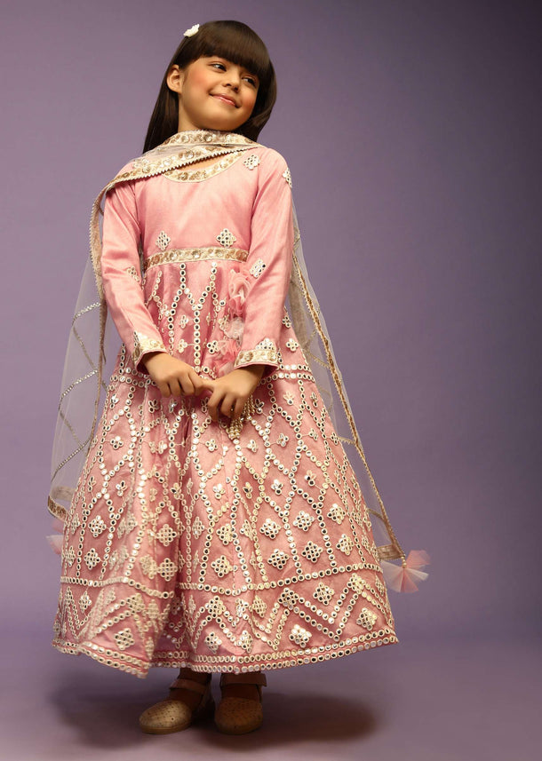 Kalki Girls Onion Pink Anarkali Suit With Abla Embroidery And Full Sleeves Online - Kalki Fashion