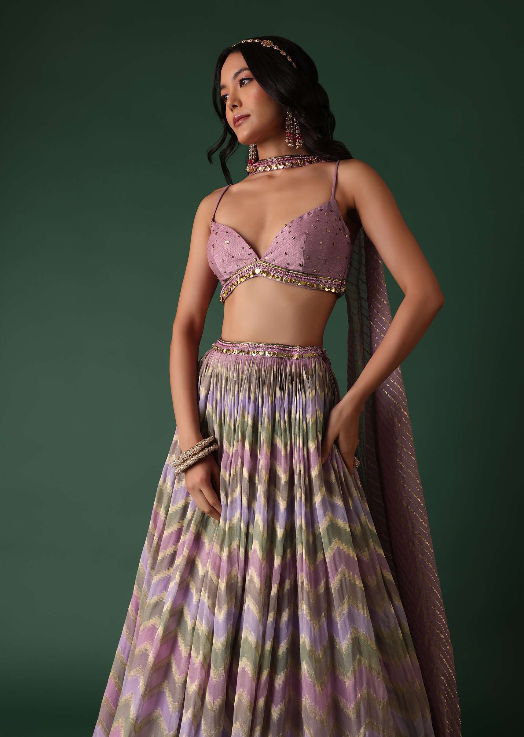 Onion Pink Banarasi Silk Printed Lehenga Set