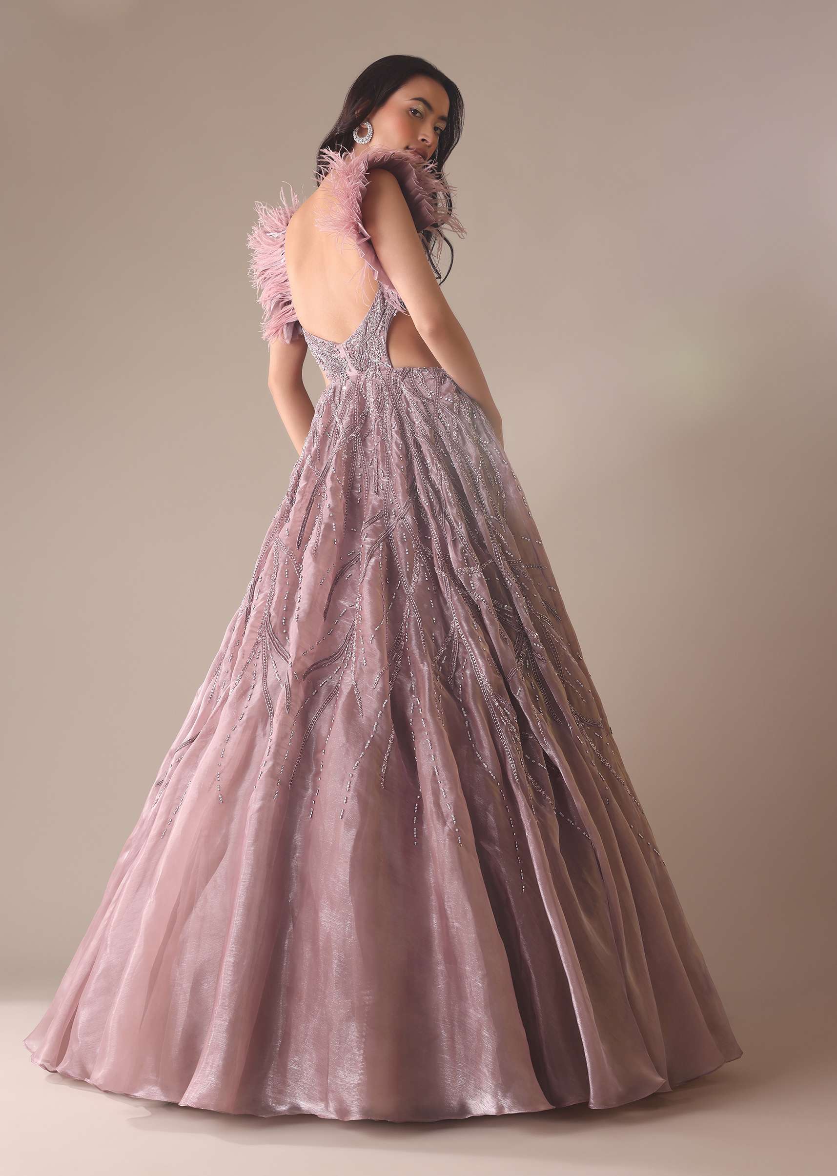 Onion Pink Bridal Gown With Feathered Sleeves And Heavy Embroidery