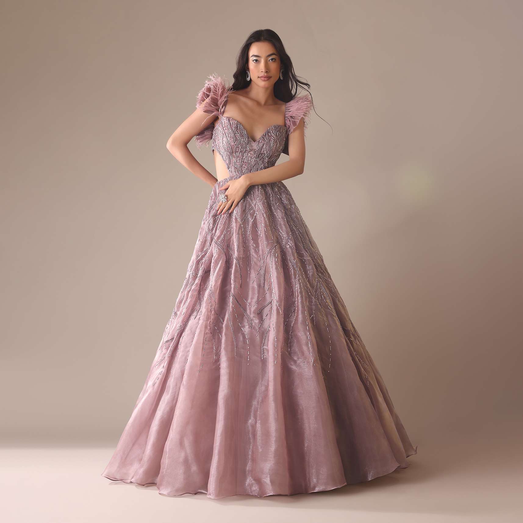 Onion Pink Bridal Gown With Feathered Sleeves And Heavy Embroidery