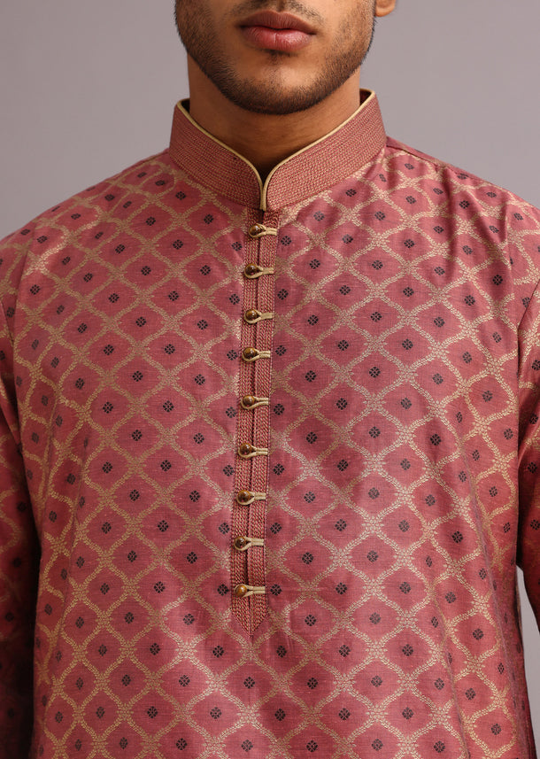 Onion Pink Chanderi Jacquard Printed Kurta Set