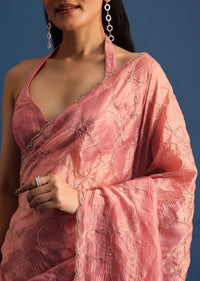 Onion Pink Cutdana Embroidered Crepe Saree With Unstitched Blouse