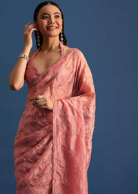 Onion Pink Cutdana Embroidered Crepe Saree With Unstitched Blouse