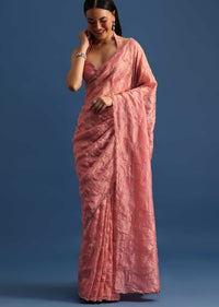 Onion Pink Cutdana Embroidered Crepe Saree With Unstitched Blouse