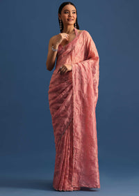 Onion Pink Cutdana Embroidered Crepe Saree With Unstitched Blouse