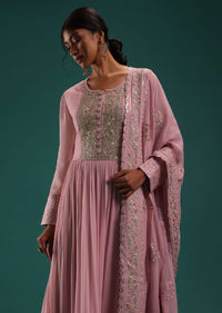 Onion Pink Embellished Anarkali Set In Georgette