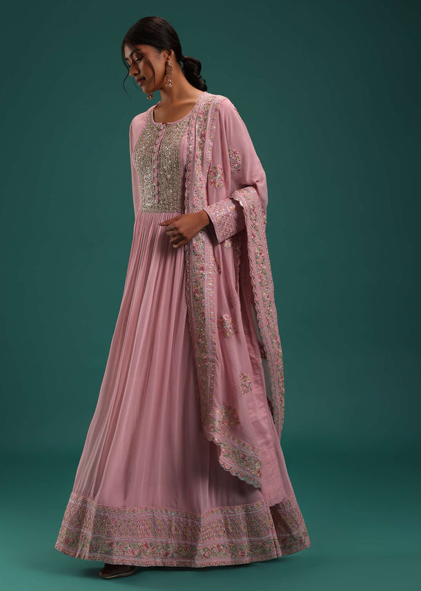 Onion Pink Embellished Anarkali Set In Georgette