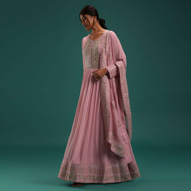 Onion Pink Embellished Anarkali Set In Georgette