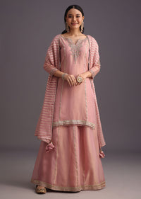 Onion Pink Embroidered Kurti Palazzo Set With Dupatta